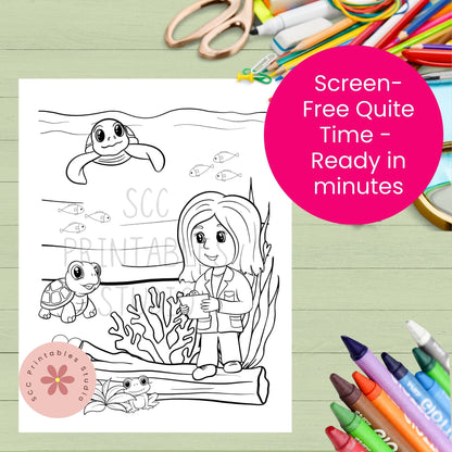 Coloring page with a marine life theme and stationery items on a green background