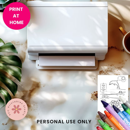White printer on a desk with coloring pages and markers, featuring 'Print at Home' and 'Personal Use Only' text.