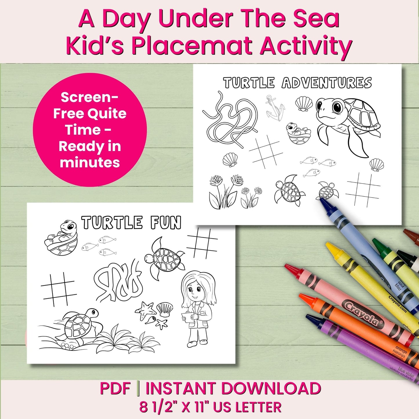 Children's placemat activity with turtle-themed coloring pages and crayons on a green background.