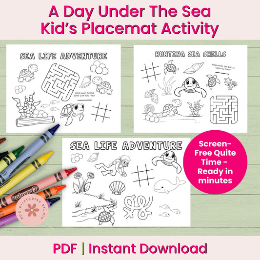 Children's placemat activity with sea life-themed coloring and puzzles, accompanied by crayons on a light green background.