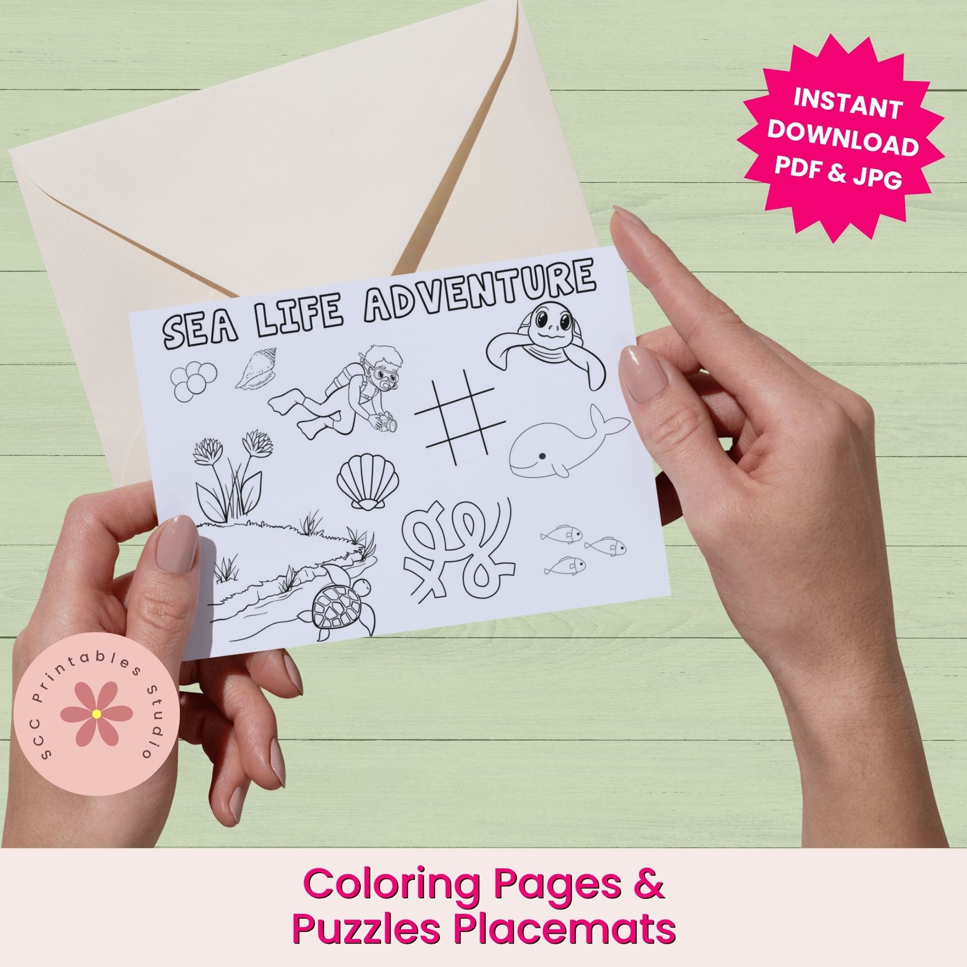 Coloring pages and puzzles placemats with hands holding a sheet against a light green background.
