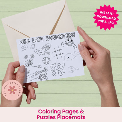 Coloring pages and puzzles placemats with hands holding a sheet against a light green background.