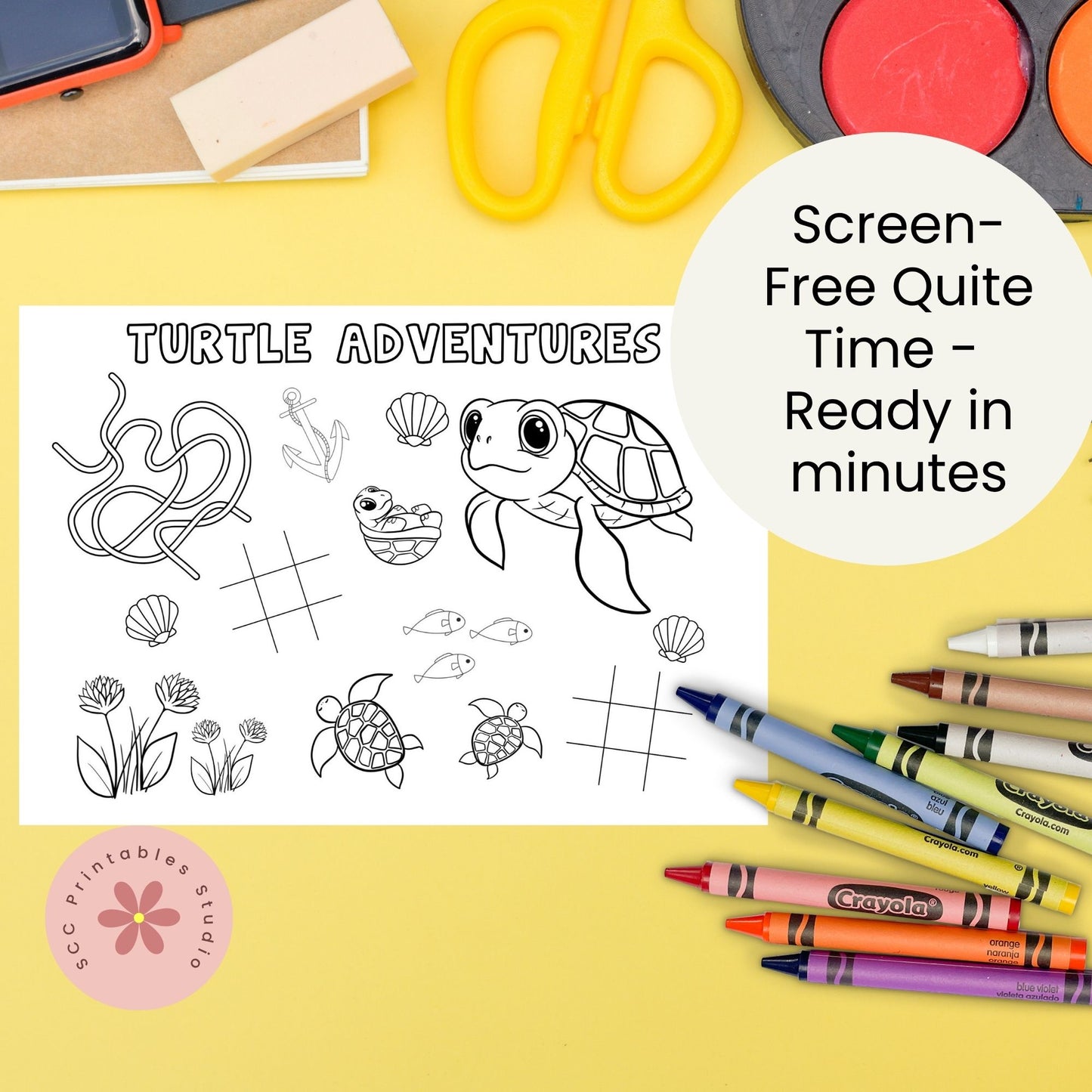 Coloring sheet with turtle illustrations on a yellow background with crayons and scissors.