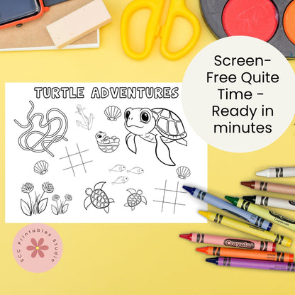 Coloring sheet with turtle illustrations on a yellow background with crayons and scissors.