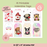 Valentine's Day printable tags with various designs on a green background