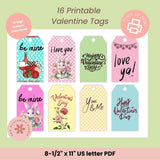Set of 16 printable Valentine tags with various designs on a green background.