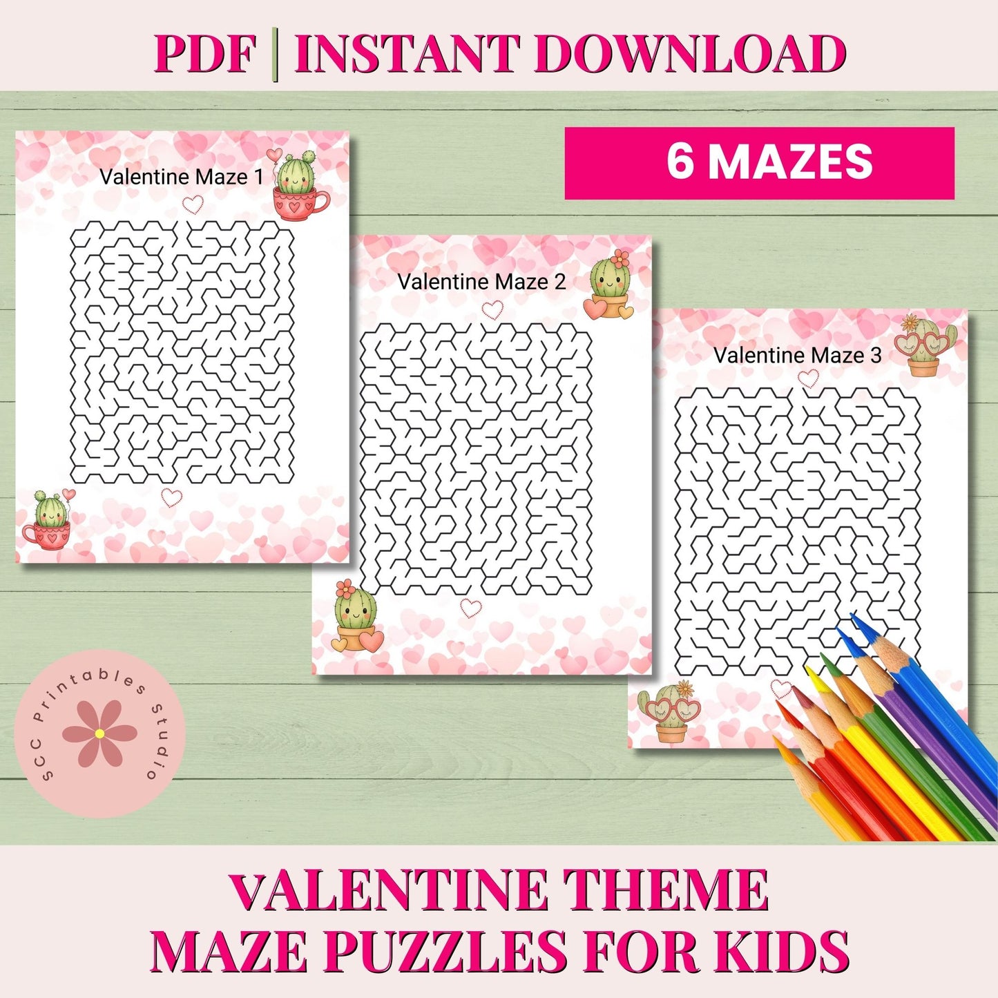 Valentine-themed maze puzzles for kids with colorful pencils on a green background