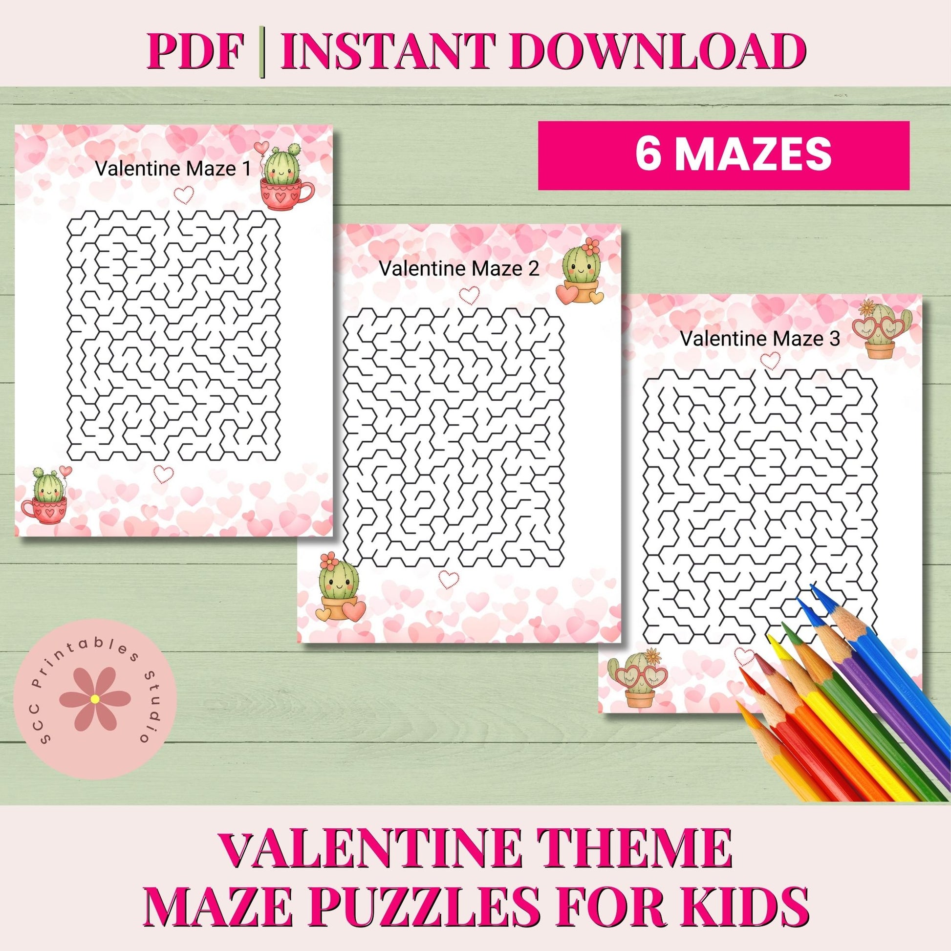 Valentine-themed maze puzzles for kids with colorful pencils on a green background