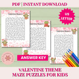 Valentine-themed maze puzzles for kids with answer key on a green background