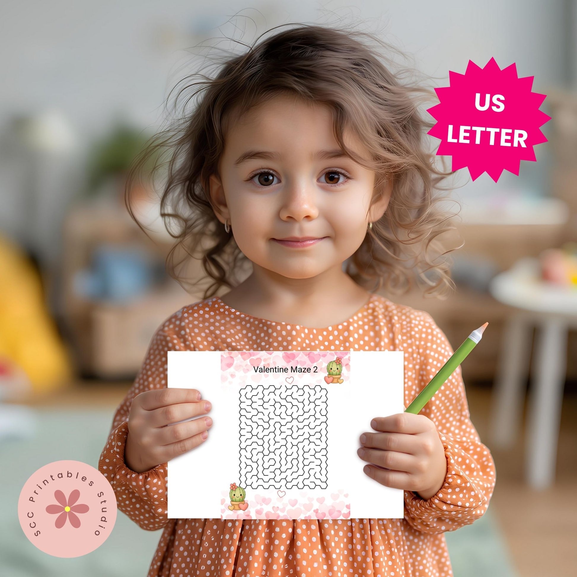 Child holding a Valentine maze sheet and pencil with a blurred indoor background