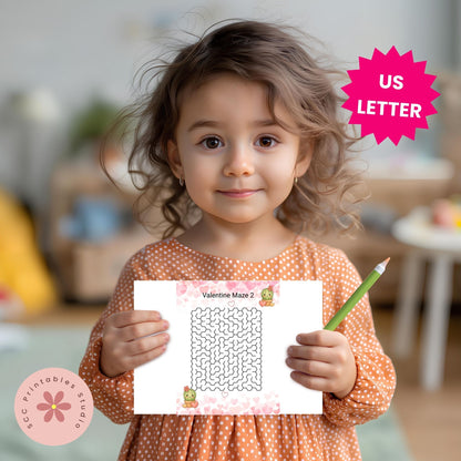 Child holding a Valentine maze sheet and pencil with a blurred indoor background
