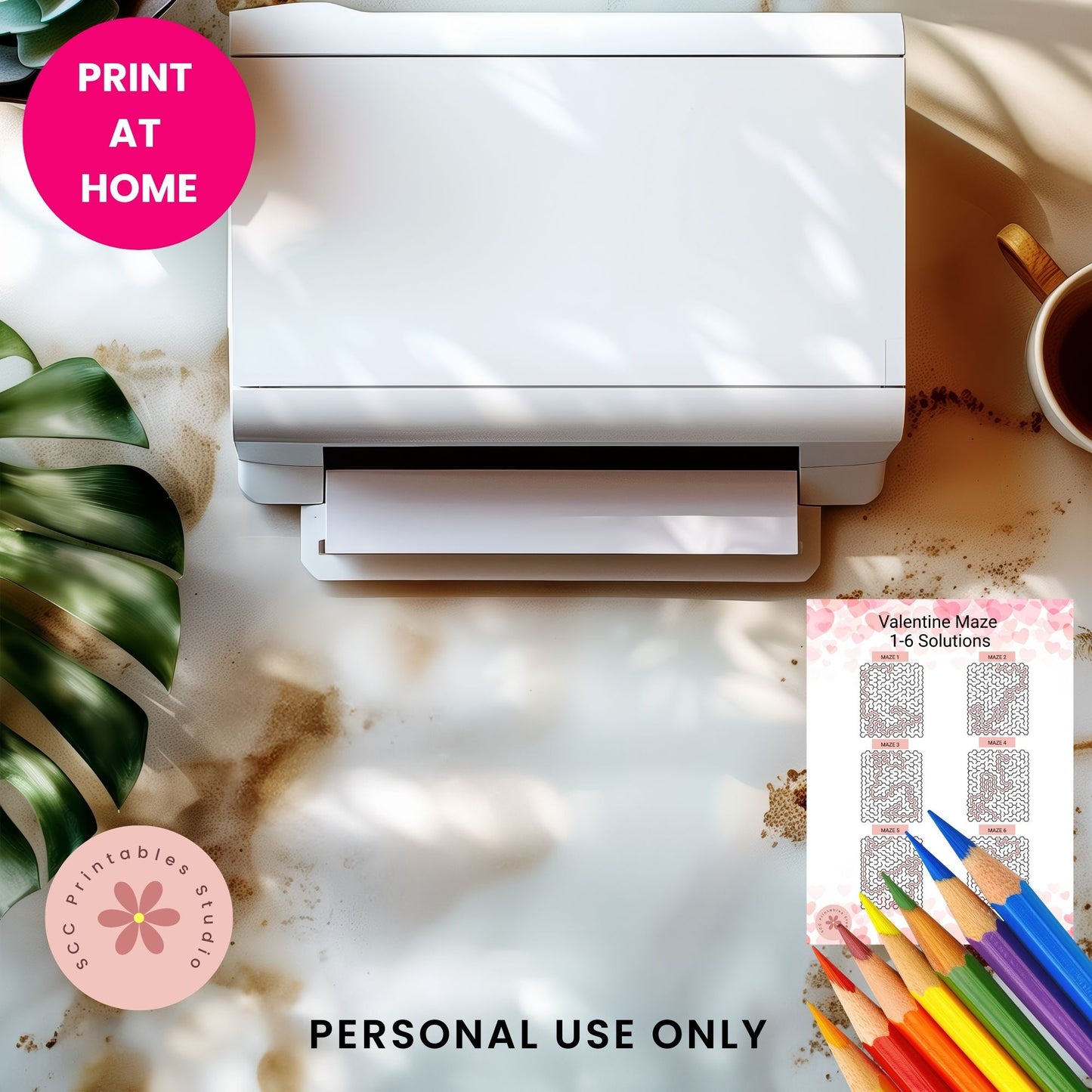 White printer on a desk with colored pencils and a plant, featuring 'Print at Home' text.