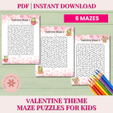 Valentine-themed maze puzzles for kids with colorful pencils on a green background