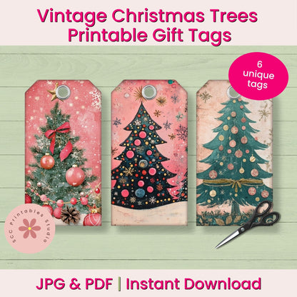 Three printable Christmas gift tag designs with festive tree illustrations, shown on a light green wood-textured background with pink text reading 'Vintage Christmas Trees Printable Gift Tags' and 'JPG & PDF | Instant Download.' A pink circle says '6 unique tags,' and a pair of scissors is pictured at the lower right.
