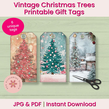 Promotional graphic for printable Christmas gift tags showing three decorated tree tag designs, a pink badge reading '6 unique tags,' scissors, and text stating 'Vintage Christmas Trees Printable Gift Tags' and 'JPG & PDF | Instant Download.'.