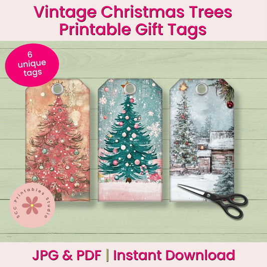 Promotional graphic for printable Christmas gift tags showing three decorated tree tag designs, a pink badge reading '6 unique tags,' scissors, and text stating 'Vintage Christmas Trees Printable Gift Tags' and 'JPG & PDF | Instant Download.'.