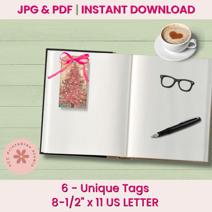 Digital listing preview for printable unique tags, showing an open notebook with a Christmas tree tag attached, plus coffee, glasses, and a pen on a light green wood background. Text reads 'JPG & PDF | INSTANT DOWNLOAD', '6 - Unique Tags', and '8-1/2" x 11 US LETTER'.