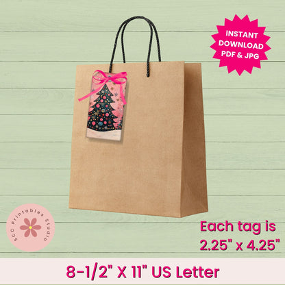 A brown kraft paper gift bag with black twisted handles, shown on a light green wood-plank background. A decorative holiday gift tag with a pink bow is attached to the bag.