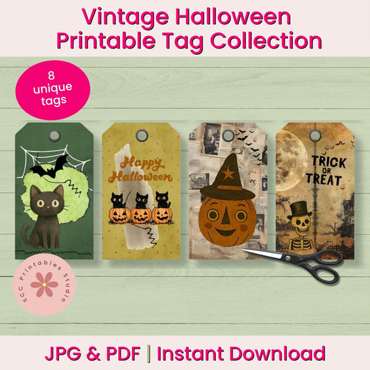 Promotional graphic for a 'Vintage Halloween Printable Tag Collection' showing four printable tag designs laid out on a light wood background with a pair of scissors. The tags feature a black cat on a green background, three orange pumpkins with black cats on a yellow background, a smiling jack-o'-lantern wearing a witch hat on a beige background, and a skeleton under a full moon on a brown background.