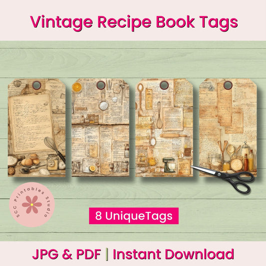 Promotional graphic for 'Vintage Recipe Book Tags' showing four decorative paper book tags with a collage of old book pages, recipe text, spices, jars, and kitchen tools. Text reads 'Vintage Recipe Book Tags,' '8 UniqueTags,' and 'JPG & PDF | Instant Download' on a pale green wood background, with a pink 'SEC Printables Studio' logo.