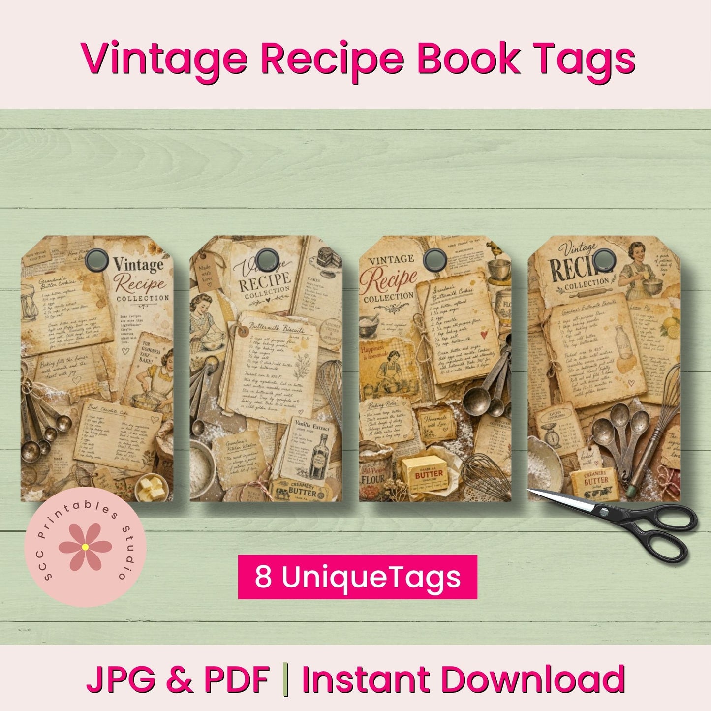 Vintage recipe book tags with a pair of scissors on a light green background