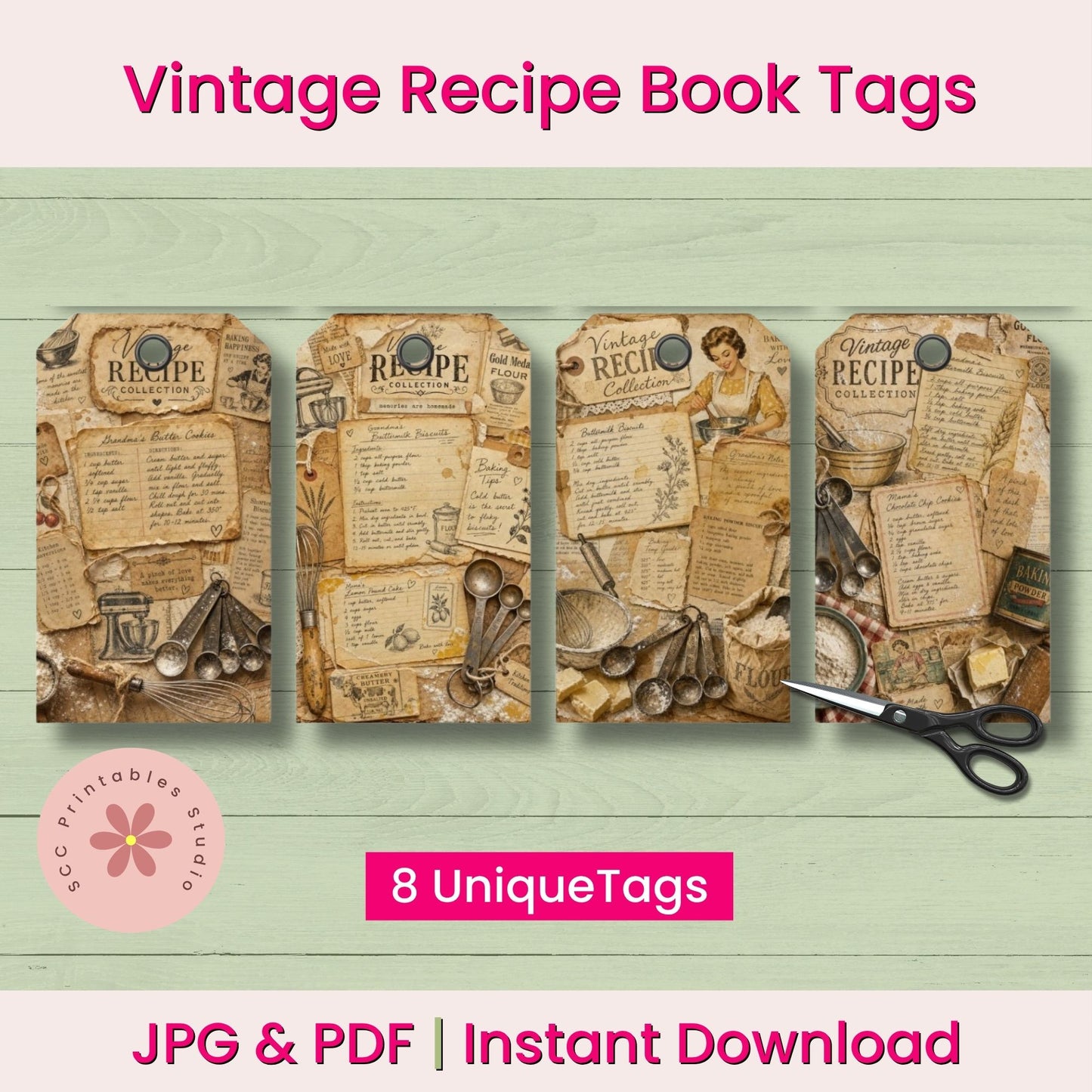 Vintage recipe book tags with a scissors on a light green background