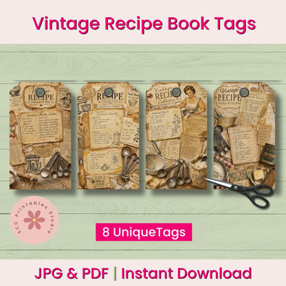 Vintage recipe book tags with a scissors on a light green background