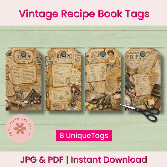 Vintage recipe book tags with a scissors on a light green background