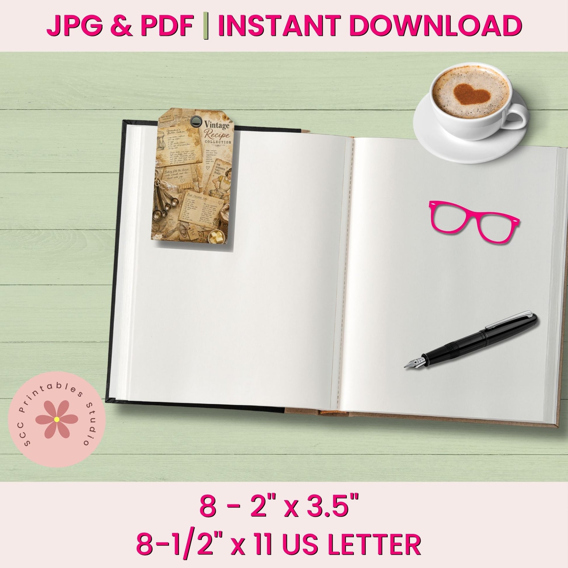 Open notebook with a pen, pink glasses, and a coffee cup on a green wooden surface with text about file formats and dimensions.