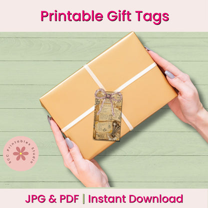 Gift box with a decorative tag held by hands on a light green wooden surface, with text about printable gift tags.