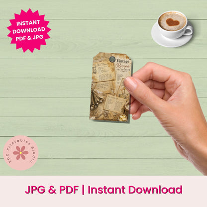 Hand holding a vintage recipe tag with a cup of coffee on a light green background