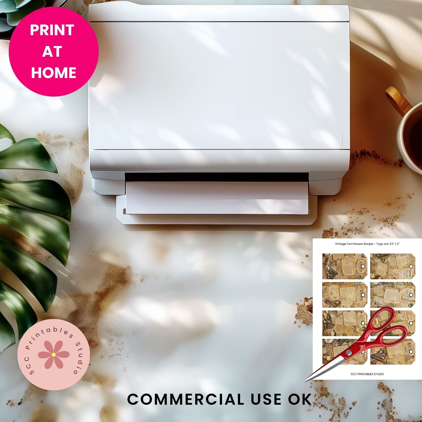 White printer on a marble surface with a cup of coffee and plant, featuring 'Print at Home' and 'Commercial Use OK' text.