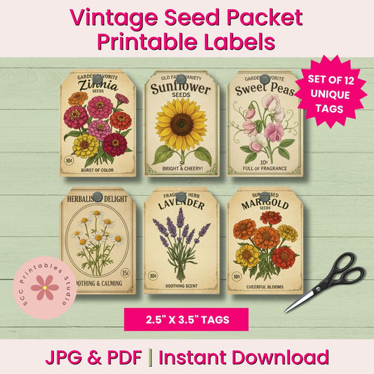 Vintage seed packet printable labels with a pair of scissors on a wooden background