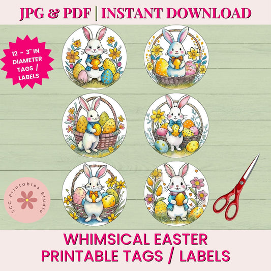 Set of whimsical Easter printable tags with bunnies and eggs on a green background, featuring scissors.