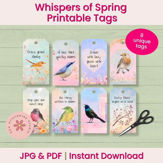 Promotional graphic for printable spring tags showing eight illustrated tag designs arranged on a light wood background, with pink text reading 'Whispers of Spring Printable Tags,' '8 unique tags,' and 'JPG & PDF | Instant Download.' Scissors and a pink circular logo are also visible.
