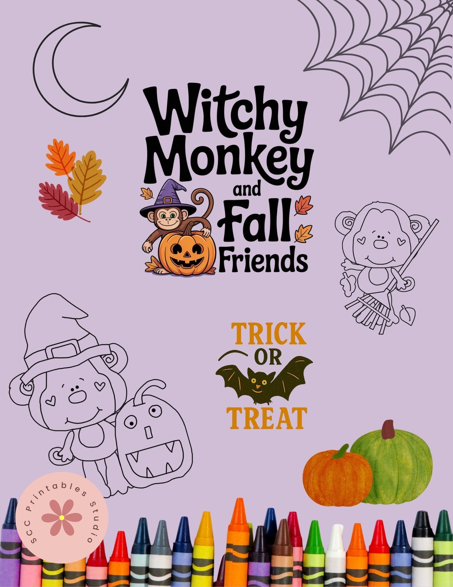 Halloween Coloring Pages, Witchy Monkey & Fall Friends Coloring Book, Printable Pumpkin Kid's Activity, Home School and Teacher Resources
