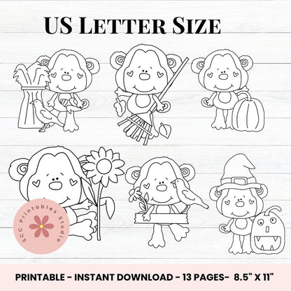 Halloween Coloring Pages, Witchy Monkey & Fall Friends Coloring Book, Printable Pumpkin Kid's Activity, Home School and Teacher Resources