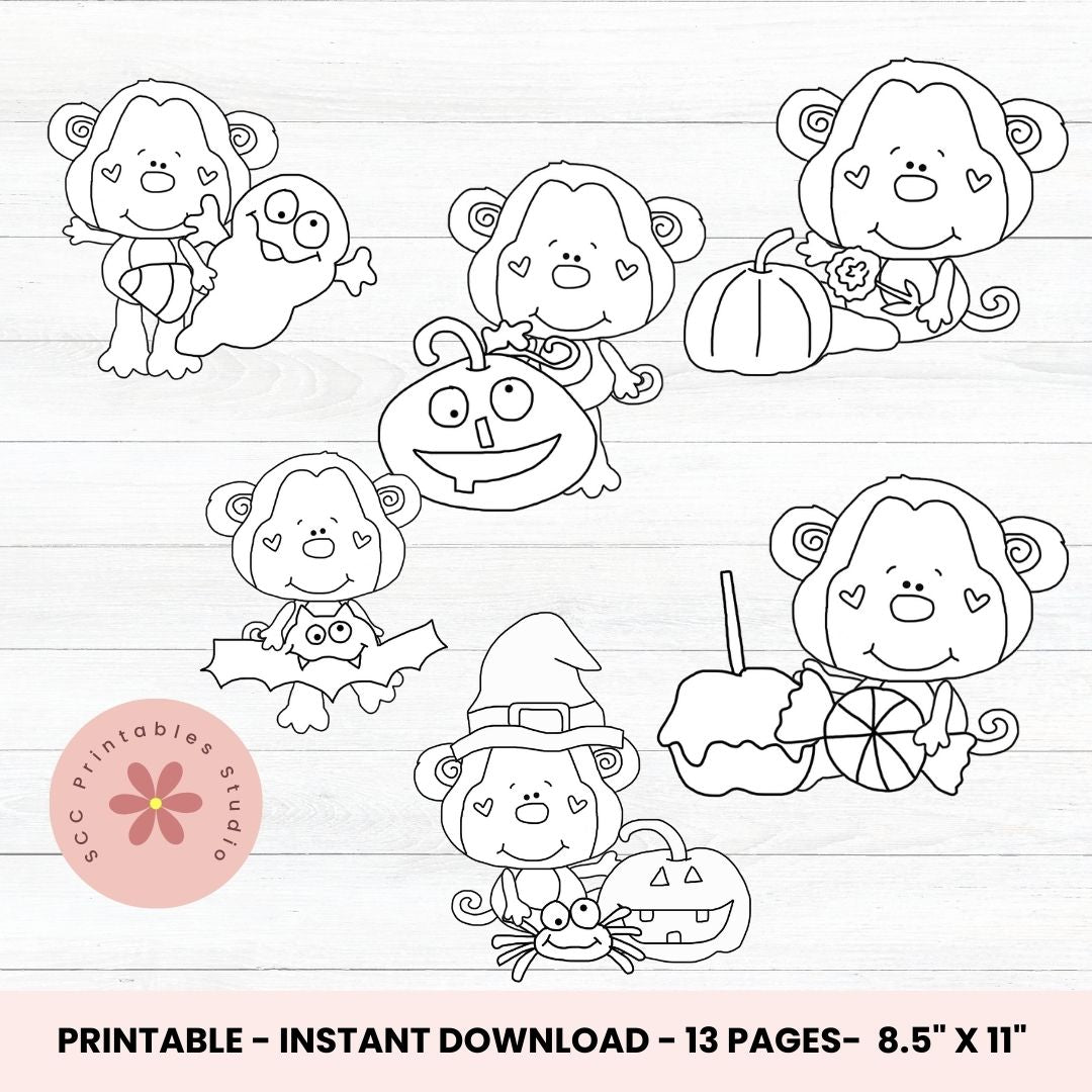 Halloween Coloring Pages, Witchy Monkey & Fall Friends Coloring Book, Printable Pumpkin Kid's Activity, Home School and Teacher Resources