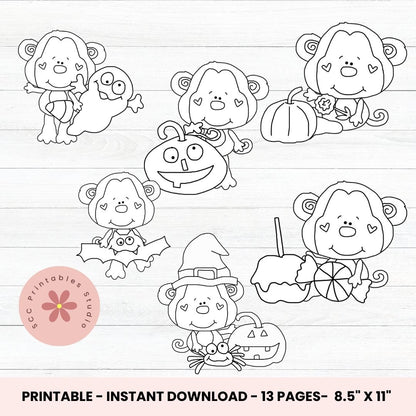 Halloween Coloring Pages, Witchy Monkey & Fall Friends Coloring Book, Printable Pumpkin Kid's Activity, Home School and Teacher Resources