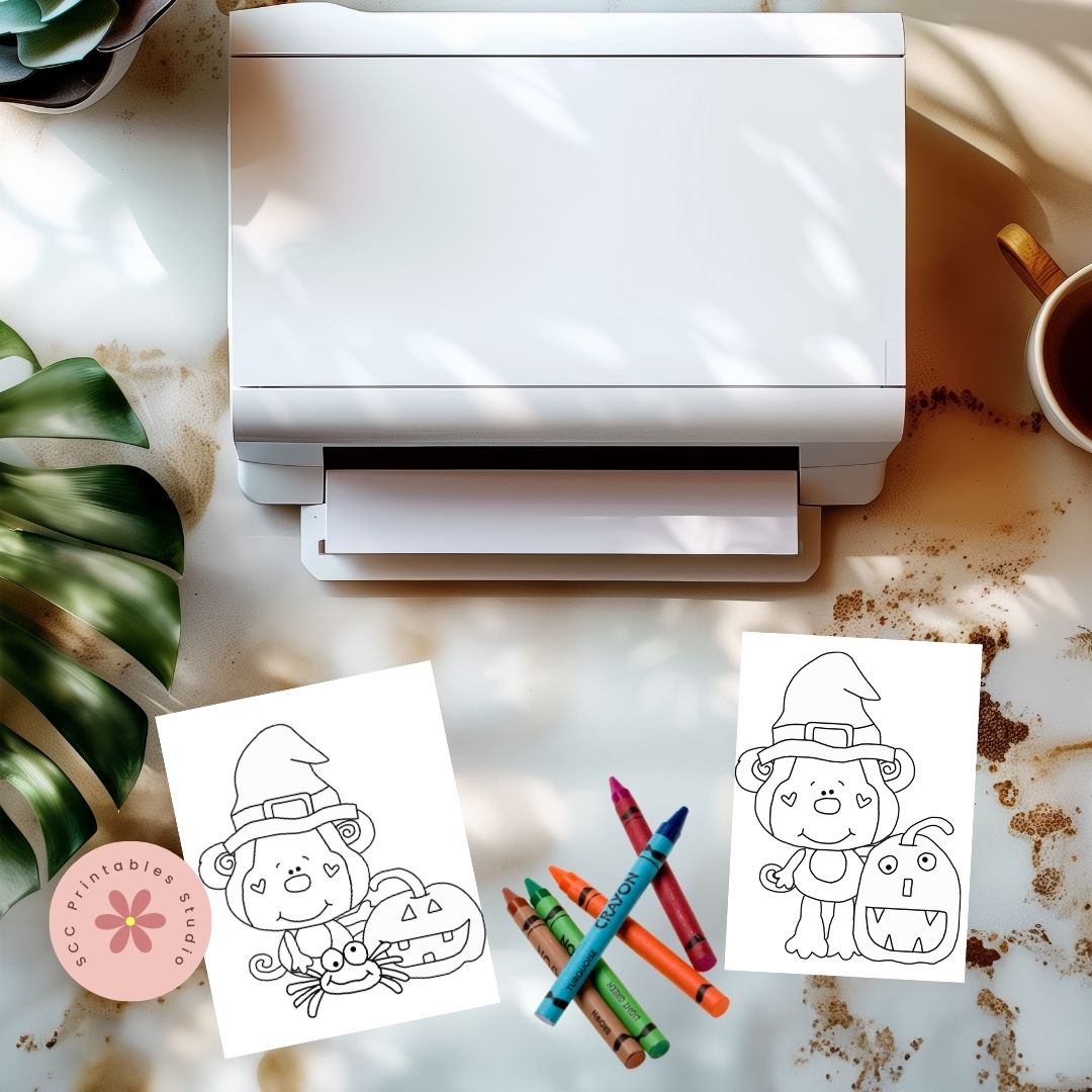 Halloween Coloring Pages, Witchy Monkey & Fall Friends Coloring Book, Printable Pumpkin Kid's Activity, Home School and Teacher Resources