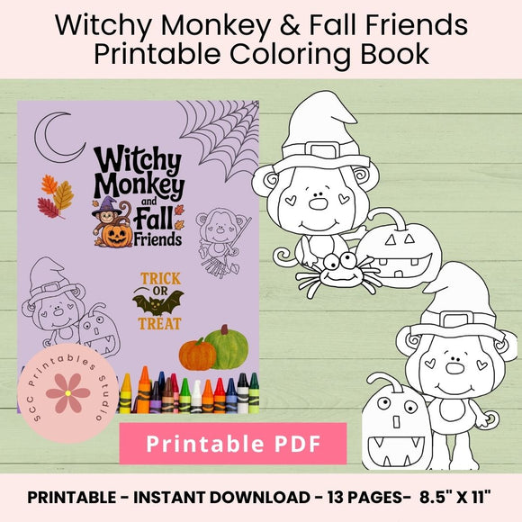 Halloween Coloring Pages, Witchy Monkey & Fall Friends Coloring Book, Printable Pumpkin Kid's Activity, Home School and Teacher Resources