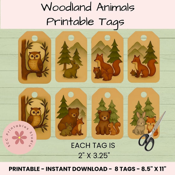 Woodland animals printable tags with a scissors icon on a light green background