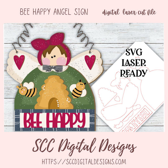 Bee Happy Angel Signs SVG for Glowforge and Laser Cutter Design, DIY Angel Lover Gift with Bees & Beehive, Instant Download Digital Woodworking Pattern