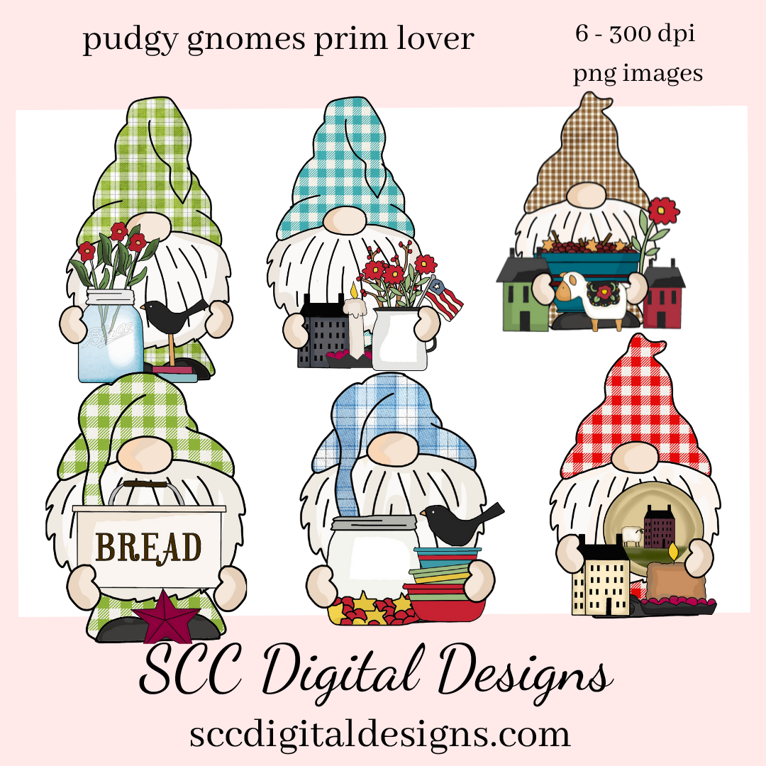 Pudgy Gnomes Love Prim Clipart - Gnome with Crows, Sheep, Salt Box Houses, Flowers, Create Primitive Wall Art, Farmhouse Decor, Prim Lover,