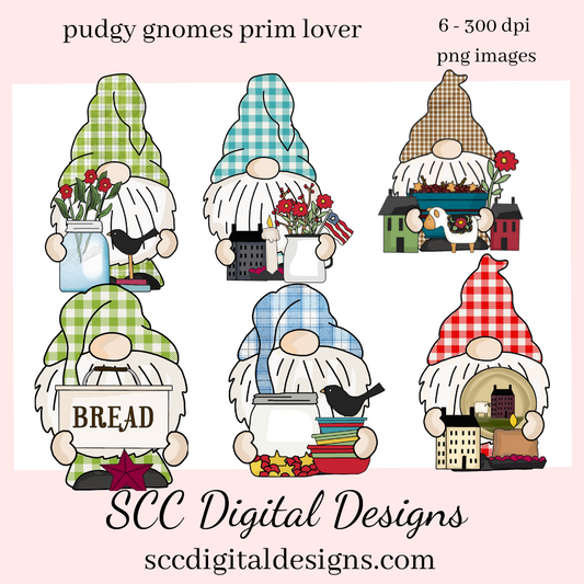 Pudgy Gnomes Love Prim Clipart - Gnome with Crows, Sheep, Salt Box Houses, Flowers, Create Primitive Wall Art, Farmhouse Decor, Prim Lover,