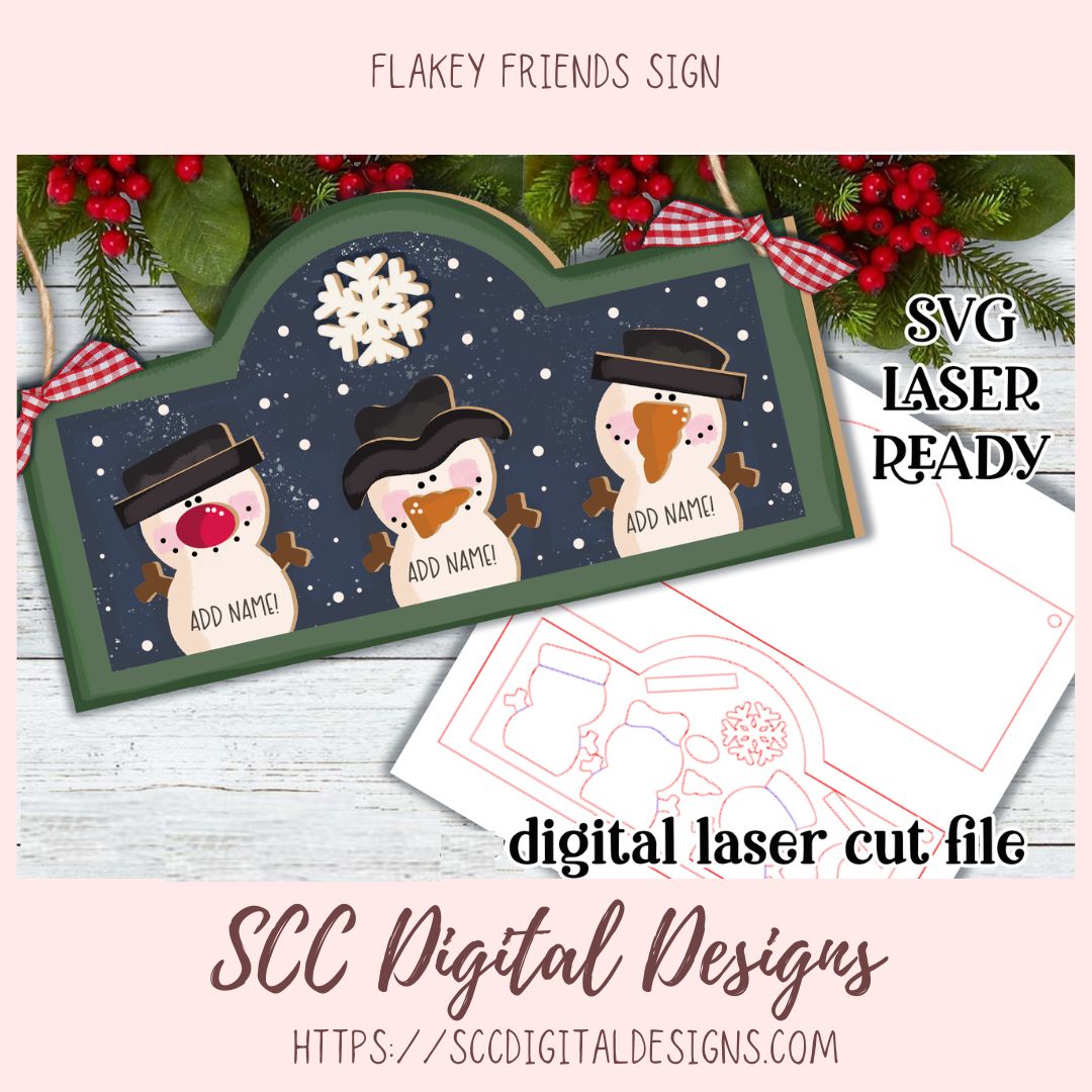 Flakey Friends Snowman Sign SVG , Make Your Own Winter Decor with our 3D SVGs for Glowforge and Laser Cutters, Instant Download Digital Woodworking Pattern, Laser Ready SVG Craft Show Best Sellers