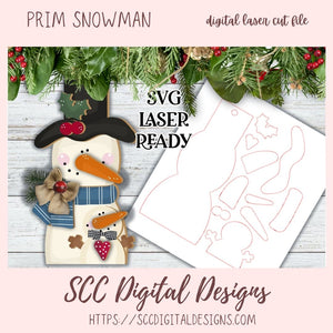 Prim Snowman Christmas Ornament SVG, Glowforge and Laser Cutter Design, Instant Download Digital Woodworking Pattern, DIY Holiday Decor