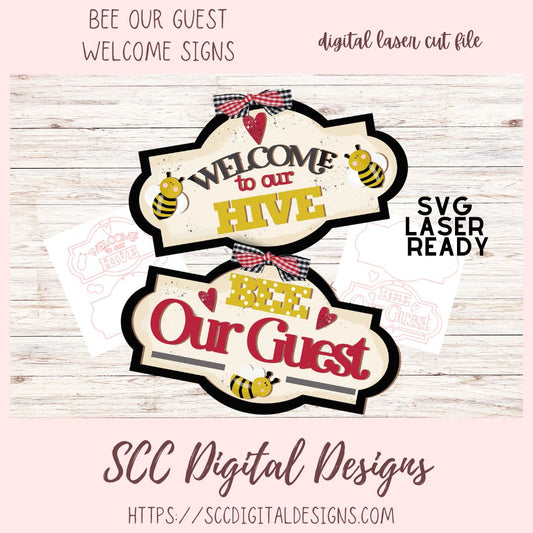 Buzzing Welcome: Bee Our Guest Sign SVG for Glowforge and Laser Cutter Design, Instant Download Digital Woodworking Pattern, DIY Front Door Décor Craft Patterns