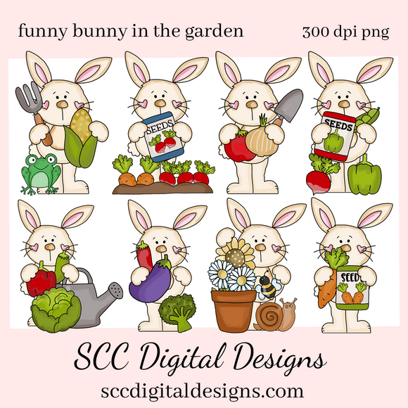 Funny Bunny in the Garden Clipart - Bunnies with Veggies, Seed Packets, & Gardening Tools - Create Kid's T-Shirts Hoodies and More!