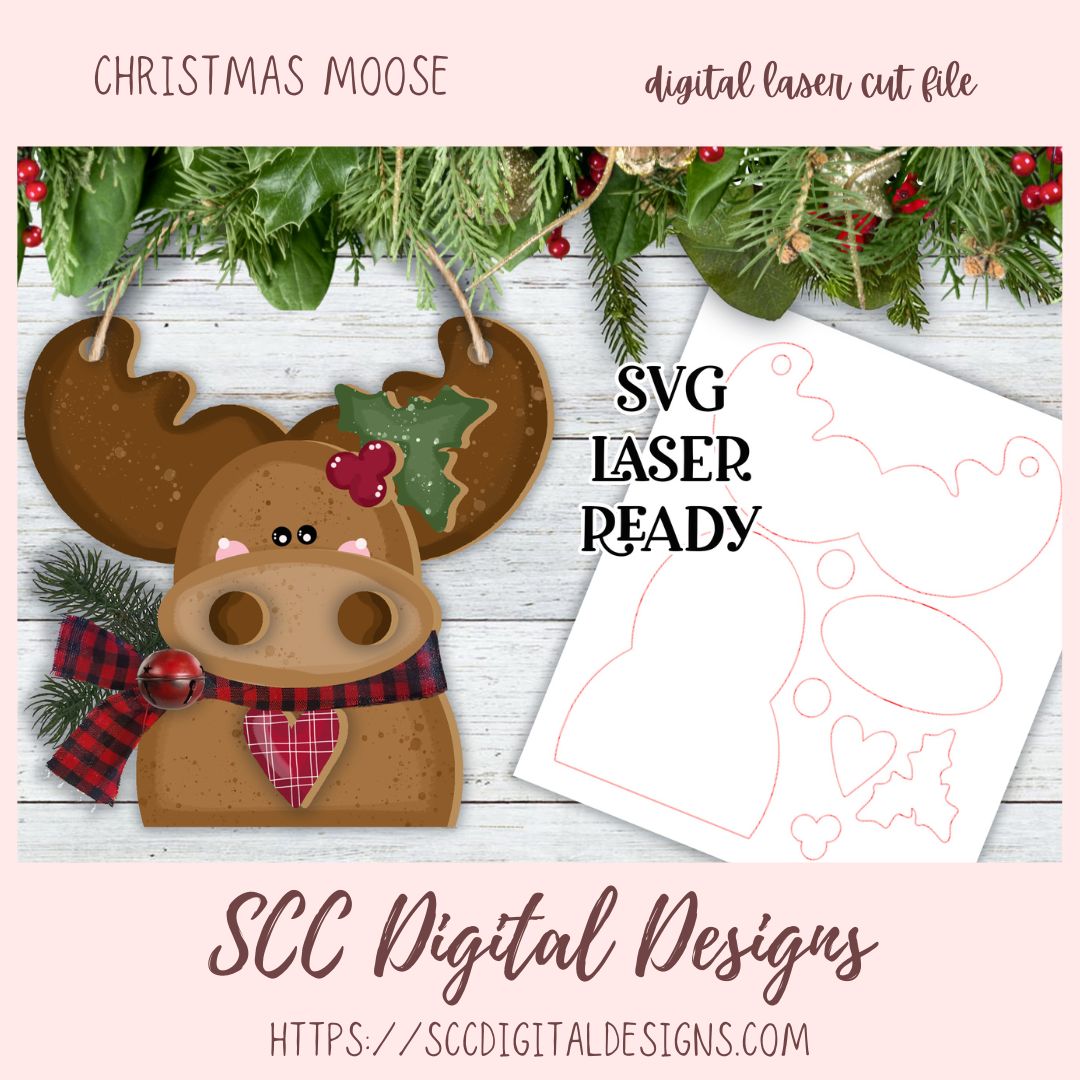 Cute Moose Christmas Ornament SVG  for Glowforge and Laser Cutters, Whimsical 3D Xmas Ornament Lasercut Design, Instant Download Digital Woodworking Pattern Craft Show Best Sellers